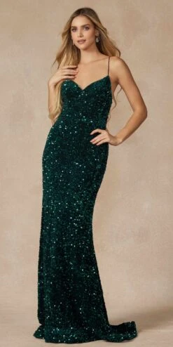 Juliet 2406 Velvet Sequin Fitted Gown V-Neckline Lace Up Back(Juliet 2406 Velvet Sequin Fitted Gown V Neckline Lace Up Back) -Discount Dress Shops 2406 EMERALDGREEN FRONT