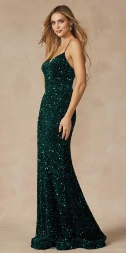 Juliet 2406 Velvet Sequin Fitted Gown V-Neckline Lace Up Back(Juliet 2406 Velvet Sequin Fitted Gown V Neckline Lace Up Back) -Discount Dress Shops 2406 EMERALDGREEN SIDE