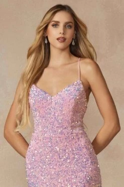 Juliet 2406 Velvet Sequin Fitted Gown V-Neckline Lace Up Back(Juliet 2406 Velvet Sequin Fitted Gown V Neckline Lace Up Back) -Discount Dress Shops 2406 ICEPINK DETAIL