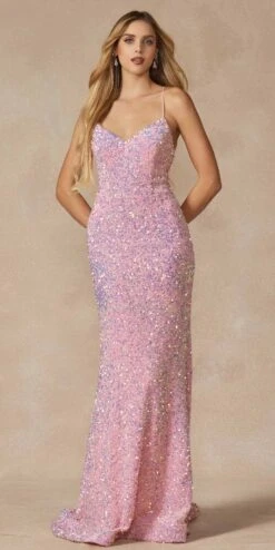 Juliet 2406 Velvet Sequin Fitted Gown V-Neckline Lace Up Back(Juliet 2406 Velvet Sequin Fitted Gown V Neckline Lace Up Back) -Discount Dress Shops 2406 ICEPINK FRONT