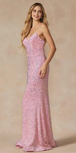 Juliet 2406 Velvet Sequin Fitted Gown V-Neckline Lace Up Back(Juliet 2406 Velvet Sequin Fitted Gown V Neckline Lace Up Back) -Discount Dress Shops 2406 ICEPINK SIDE
