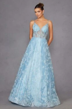 Juliet 2413 Long Butterfly Glitter Embroidered A-Line Gown With Corset Top(Juliet 2413 Long Butterfly Glitter Embroidered A Line Gown With Corset Top)