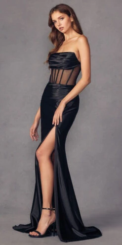 Juliet 2416 Floor Length Strapless Sheer Boned Bodice Slit Satin Dress(Juliet 2416 Floor Length Strapless Sheer Boned Bodice Slit Satin Dress) -Discount Dress Shops 2416 juliet black side