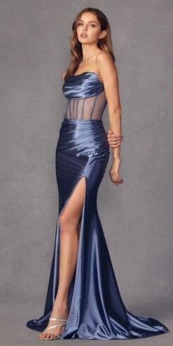Juliet 2416 Floor Length Strapless Sheer Boned Bodice Slit Satin Dress(Juliet 2416 Floor Length Strapless Sheer Boned Bodice Slit Satin Dress) -Discount Dress Shops 2416 juliet smokey blue side