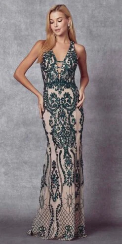 Juliet 243 Sequins Long Evening Dress Cut-Out Back(Green Sequins Long Prom Dress Cut Out Back) -Discount Dress Shops 243 NudeGreen Front