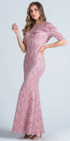 La Scala 24483 Illusion Ruffled Neckline Long Formal Dress Short Sleeves(La Scala 24483 Illusion Ruffled Neckline Long Formal Dress Short Sleeves) -Discount Dress Shops 24483 la scala blush side 1f744174 84f9 40bd 963c 418c68e5616e