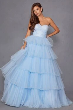 Juliet JT2452K Long Pleated Strapless Tiered Ruffle Tulle A-Line Gown(Juliet Jt2452k Long Pleated Strapless Tiered Ruffle Tulle A Line Gown)