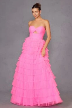 Juliet JT2456H Long Strapless Keyhole Tiered Ruffled Tulle A-Line Gown(Juliet Jt2456h Long Strapless Keyhole Tiered Ruffled Tulle A Line Gown) -Discount Dress Shops 2456HNEONPINK 1