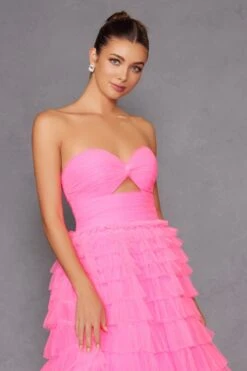 Juliet JT2456H Long Strapless Keyhole Tiered Ruffled Tulle A-Line Gown(Juliet Jt2456h Long Strapless Keyhole Tiered Ruffled Tulle A Line Gown) -Discount Dress Shops 2456HNEONPINK 2