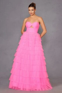 Juliet JT2456H Long Strapless Keyhole Tiered Ruffled Tulle A-Line Gown(Juliet Jt2456h Long Strapless Keyhole Tiered Ruffled Tulle A Line Gown) -Discount Dress Shops 2456HNEONPINK 3