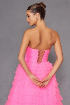 Juliet JT2456H Long Strapless Keyhole Tiered Ruffled Tulle A-Line Gown(Juliet Jt2456h Long Strapless Keyhole Tiered Ruffled Tulle A Line Gown) -Discount Dress Shops 2456HNEONPINK 4