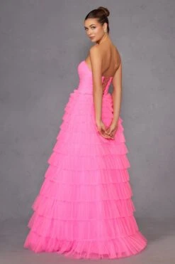 Juliet JT2456H Long Strapless Keyhole Tiered Ruffled Tulle A-Line Gown(Juliet Jt2456h Long Strapless Keyhole Tiered Ruffled Tulle A Line Gown) -Discount Dress Shops 2456HNEONPINK 5