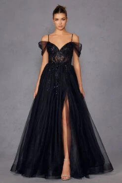 Juliet JT2466A Long Cold Shoulder Sweetheart Corset Bodice A-Line Gown(Juliet Jt2466a Long Cold Shoulder Sweetheart Corset Bodice A Line Gown) -Discount Dress Shops 2466ABLACK 1