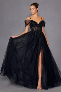 Juliet JT2466A Long Cold Shoulder Sweetheart Corset Bodice A-Line Gown(Juliet Jt2466a Long Cold Shoulder Sweetheart Corset Bodice A Line Gown) -Discount Dress Shops 2466ABLACK 2