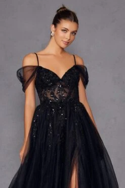 Juliet JT2466A Long Cold Shoulder Sweetheart Corset Bodice A-Line Gown(Juliet Jt2466a Long Cold Shoulder Sweetheart Corset Bodice A Line Gown) -Discount Dress Shops 2466ABLACK 3