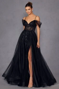 Juliet JT2466A Long Cold Shoulder Sweetheart Corset Bodice A-Line Gown(Juliet Jt2466a Long Cold Shoulder Sweetheart Corset Bodice A Line Gown) -Discount Dress Shops 2466ABLACK 4