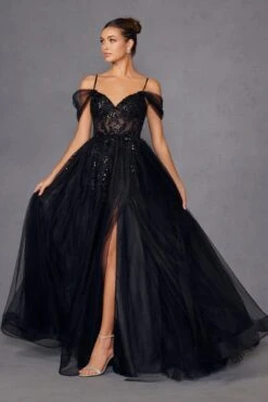 Juliet JT2466A Long Cold Shoulder Sweetheart Corset Bodice A-Line Gown(Juliet Jt2466a Long Cold Shoulder Sweetheart Corset Bodice A Line Gown) -Discount Dress Shops 2466ABLACK 5