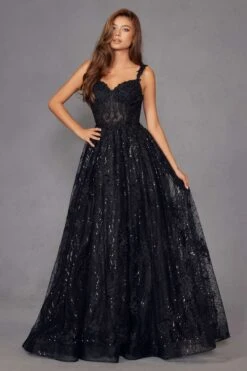Juliet JT2495A Long A-Line Floral Lace Evening Gown(Juliet Jt2495a Long A Line Floral Lace Evening Gown) -Discount Dress Shops 2495ABLACK 1