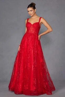 Juliet JT2495A Long A-Line Floral Lace Evening Gown(Juliet Jt2495a Long A Line Floral Lace Evening Gown) -Discount Dress Shops 2495ARED 1