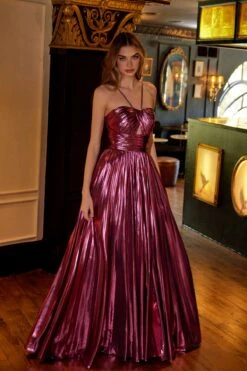 Juliet JT2503A Long Halter A-Line Pleated Metallic Gown(Juliet Jt2503a Long Halter A Line Pleated Metallic Gown) -Discount Dress Shops 2503ABERRY0106