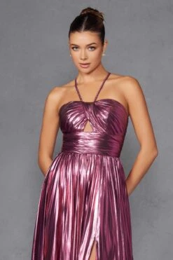 Juliet JT2503A Long Halter A-Line Pleated Metallic Gown(Juliet Jt2503a Long Halter A Line Pleated Metallic Gown) -Discount Dress Shops 2503ABERRY 3