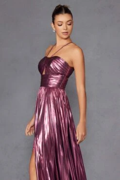 Juliet JT2503A Long Halter A-Line Pleated Metallic Gown(Juliet Jt2503a Long Halter A Line Pleated Metallic Gown) -Discount Dress Shops 2503ABERRY 4