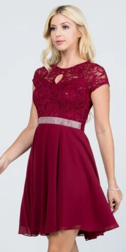 La Scala 25390 Embellished Waist Short A-Line Cocktail Dress(Embellished Waist Short Cocktail Dress Black) -Discount Dress Shops 25390 la scala burgundy closeup min