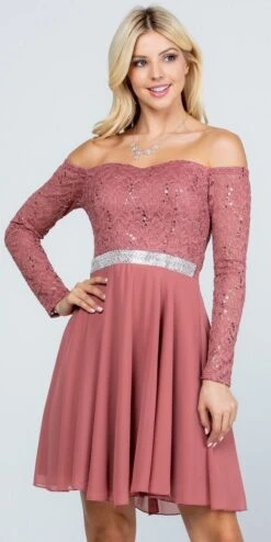 La Scala 25406 Off-Shoulder Long Sleeved Short Cocktail Dress(La Scala 25406 Off Shoulder Long Sleeved Short Cocktail Dress) -Discount Dress Shops 25406 la scala dark mauve