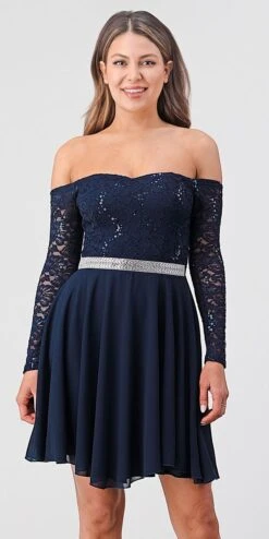 La Scala 25406 Off-Shoulder Long Sleeved Short Cocktail Dress(La Scala 25406 Off Shoulder Long Sleeved Short Cocktail Dress) -Discount Dress Shops 25406 la scala navy blue