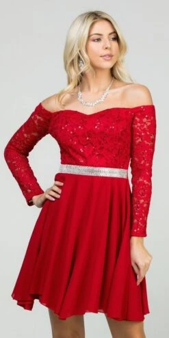 La Scala 25406 Off-Shoulder Long Sleeved Short Cocktail Dress(La Scala 25406 Off Shoulder Long Sleeved Short Cocktail Dress) -Discount Dress Shops 25406 la scala red