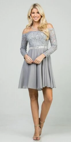 La Scala 25406 Off-Shoulder Long Sleeved Short Cocktail Dress(La Scala 25406 Off Shoulder Long Sleeved Short Cocktail Dress) -Discount Dress Shops 25406 la scala silver