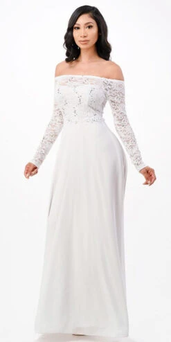 La Scala 25418 Plus Size Long Sleeved Lace Bodice A-Line Long Dress(La Scala 25418 Plus Size Long Sleeved Lace Bodice A Line Long Formal Dress) -Discount Dress Shops 25418 off white plus