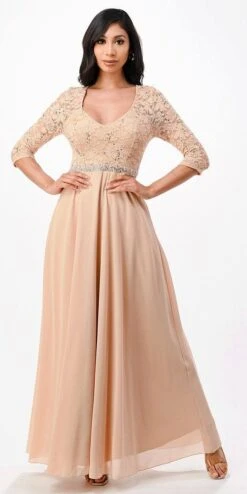 La Scala 25434 Long Chiffon Dress Lace Mid-Length Sleeve(La Scala 25434 Long Evening Dark Mauve Chiffon Dress Lace Mid Length Sleeve) -Discount Dress Shops 25434 la scala gold