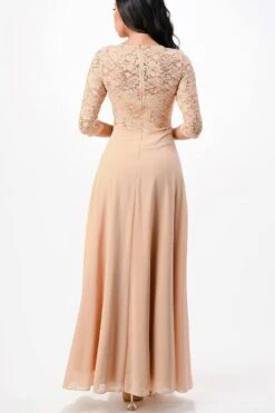 La Scala 25434 Long Chiffon Dress Lace Mid-Length Sleeve(La Scala 25434 Long Evening Dark Mauve Chiffon Dress Lace Mid Length Sleeve) -Discount Dress Shops 25434 la scala gold back