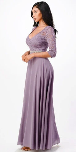 La Scala 25434 Long Chiffon Dress Lace Mid-Length Sleeve(La Scala 25434 Long Evening Dark Mauve Chiffon Dress Lace Mid Length Sleeve) -Discount Dress Shops 25434 la scala lavender side 48fa5914 156b 4cbb 9266 049865674240