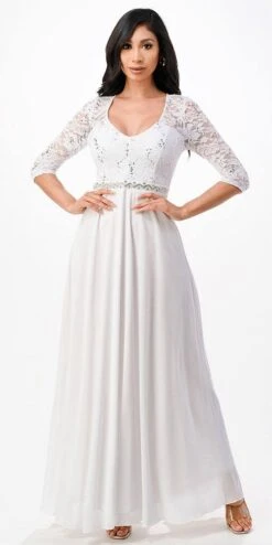 La Scala 25434 Long Chiffon Dress Lace Mid-Length Sleeve(La Scala 25434 Long Evening Dark Mauve Chiffon Dress Lace Mid Length Sleeve) -Discount Dress Shops 25434 la scala off white