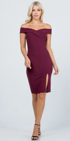 La Scala 25451 Knee Length Off-Shoulder Short Cocktail Dress With Slit(La Scala 25451 Off Shoulder Short Cocktail Dress With Slit) -Discount Dress Shops 25451 la scala burgundy full 3133173a f4f6 4942 9161 d6dad101083d