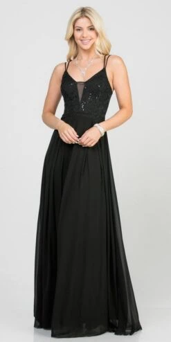 La Scala 25547 Long A-Line Chiffon Lace Dress Spaghetti Straps(La Scala 25547 Long Formal Dress With Double Spaghetti Straps) -Discount Dress Shops 25547 la scala black