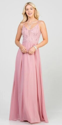 La Scala 25547 Long A-Line Chiffon Lace Dress Spaghetti Straps(La Scala 25547 Long Formal Dress With Double Spaghetti Straps) -Discount Dress Shops 25547 la scala blush