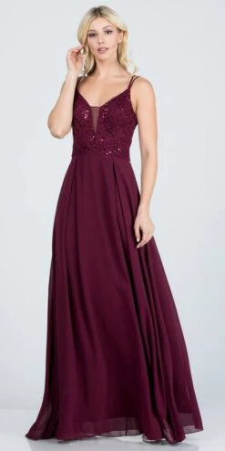 La Scala 25547 Long A-Line Chiffon Lace Dress Spaghetti Straps(La Scala 25547 Long Formal Dress With Double Spaghetti Straps) -Discount Dress Shops 25547 la scala dark burgundy
