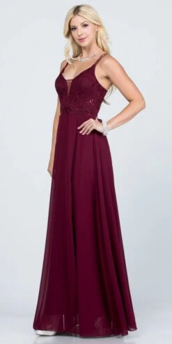 La Scala 25547 Long A-Line Chiffon Lace Dress Spaghetti Straps(La Scala 25547 Long Formal Dress With Double Spaghetti Straps) -Discount Dress Shops 25547 la scala dark burgundy side