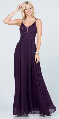 La Scala 25547 Long A-Line Chiffon Lace Dress Spaghetti Straps(La Scala 25547 Long Formal Dress With Double Spaghetti Straps) -Discount Dress Shops 25547 la scala eggplant