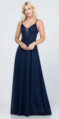 La Scala 25547 Long A-Line Chiffon Lace Dress Spaghetti Straps(La Scala 25547 Long Formal Dress With Double Spaghetti Straps) -Discount Dress Shops 25547 la scala navy blue