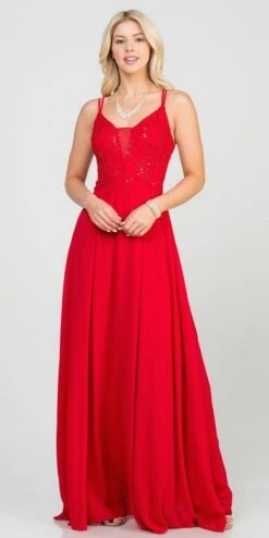 La Scala 25547 Long A-Line Chiffon Lace Dress Spaghetti Straps(La Scala 25547 Long Formal Dress With Double Spaghetti Straps) -Discount Dress Shops 25547 la scala red