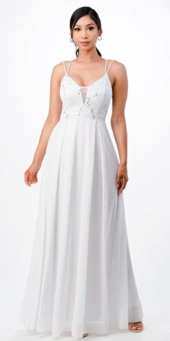 La Scala 25547 Long A-Line Chiffon Lace Dress Spaghetti Straps(La Scala 25547 Long Formal Dress With Double Spaghetti Straps) -Discount Dress Shops 25547 white