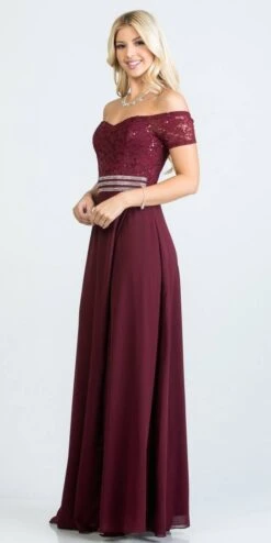 La Scala 25555 Off-Shoulder Long A-Line Dress With Slit(La Scala 25555 Off Shoulder Long Formal Dress With Slit) -Discount Dress Shops 25555 la scala burgundy side 855edd8c 7795 4b35 89bc a7059b1ddfa9