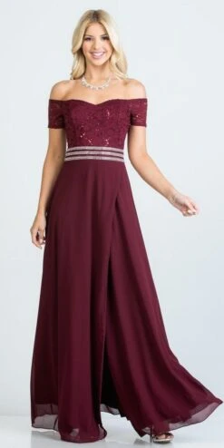 La Scala 25555 Off-Shoulder Long A-Line Dress With Slit(La Scala 25555 Off Shoulder Long Formal Dress With Slit) -Discount Dress Shops 25555 la scala burgundy 5a38f02d 1828 42b7 870a 03c63c6b4522