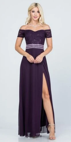 La Scala 25555 Off-Shoulder Long A-Line Dress With Slit(La Scala 25555 Off Shoulder Long Formal Dress With Slit) -Discount Dress Shops 25555 la scala eggplant