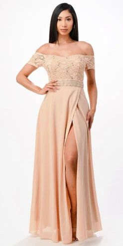 La Scala 25555 Off-Shoulder Long A-Line Dress With Slit(La Scala 25555 Off Shoulder Long Formal Dress With Slit) -Discount Dress Shops 25555 la scala gold
