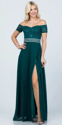 La Scala 25555 Off-Shoulder Long A-Line Dress With Slit(La Scala 25555 Off Shoulder Long Formal Dress With Slit) -Discount Dress Shops 25555 la scala hunter green